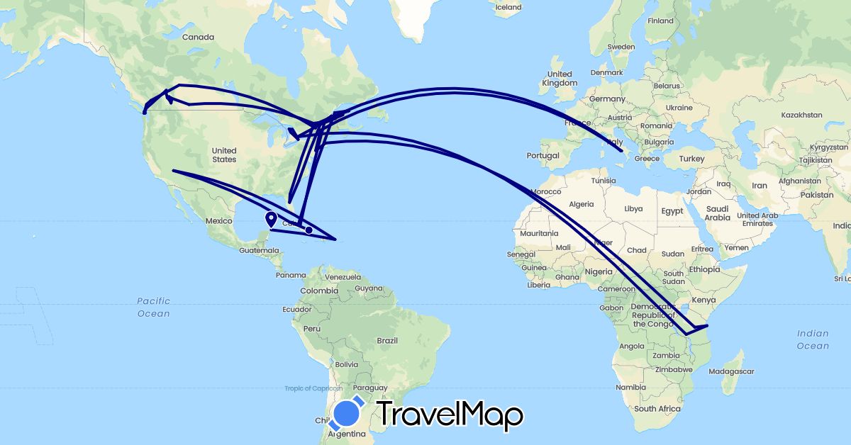 TravelMap itinerary: driving in Canada, Cuba, Dominican Republic, Italy, Mexico, Tanzania, United States (Africa, Europe, North America)